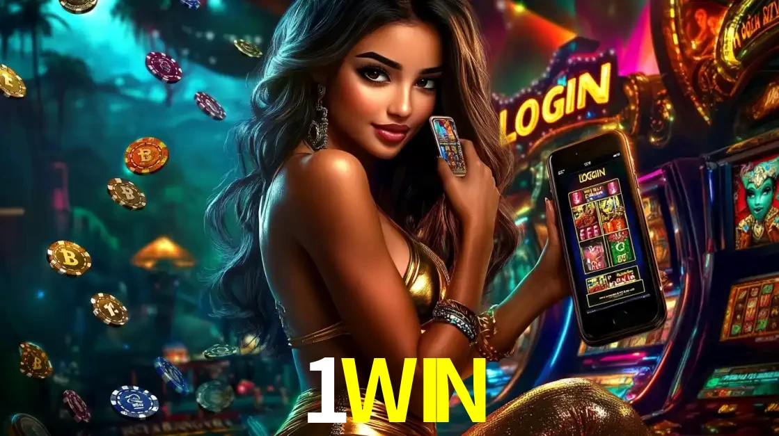 Mulher em um cenário de cassino temático de aventura, mostrando o app de caça-níqueis da 1WIN no celular. Fichas de apostas flutuam ao redor.