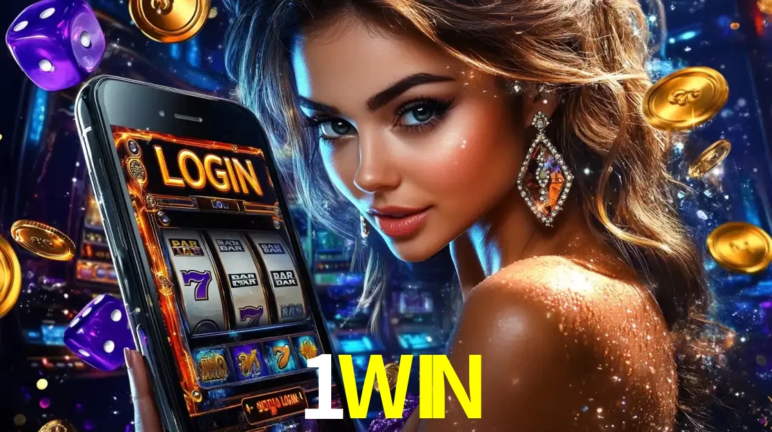 Mulher glamorosa segurando um smartphone com a tela de login para os jogos de caça-níqueis do cassino online 1WIN, com moedas de ouro e dados ao redor.
