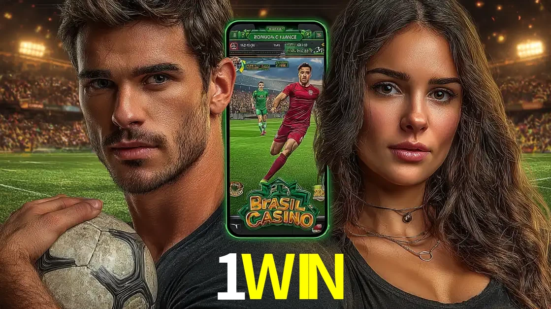 Homem segurando uma bola de futebol e uma mulher ao lado de um smartphone exibindo o jogo de apostas esportivas da 1WIN. Faça seu palpite no cassino online.